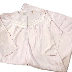 Vintage Aria Pink Satin Long Sleeve Night Gown Embroidered Buttons M